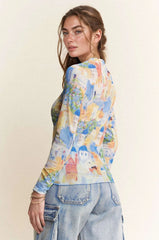 Davi & Dani Multi Printed Mesh Round Neck Long Sleeve Top OutfitFlow