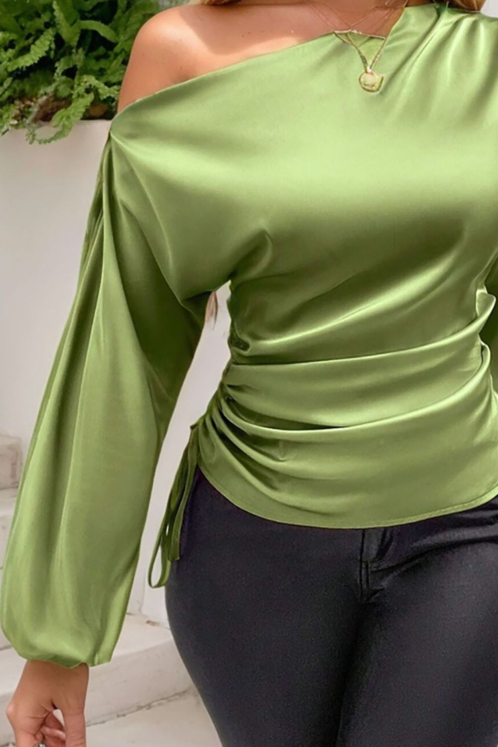 Drawstring One Shoulder Long Sleeve Blouse OutfitFlow
