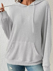 Ribbed Knit Long Sleeve Drawstring Hoodie OutfitFlow