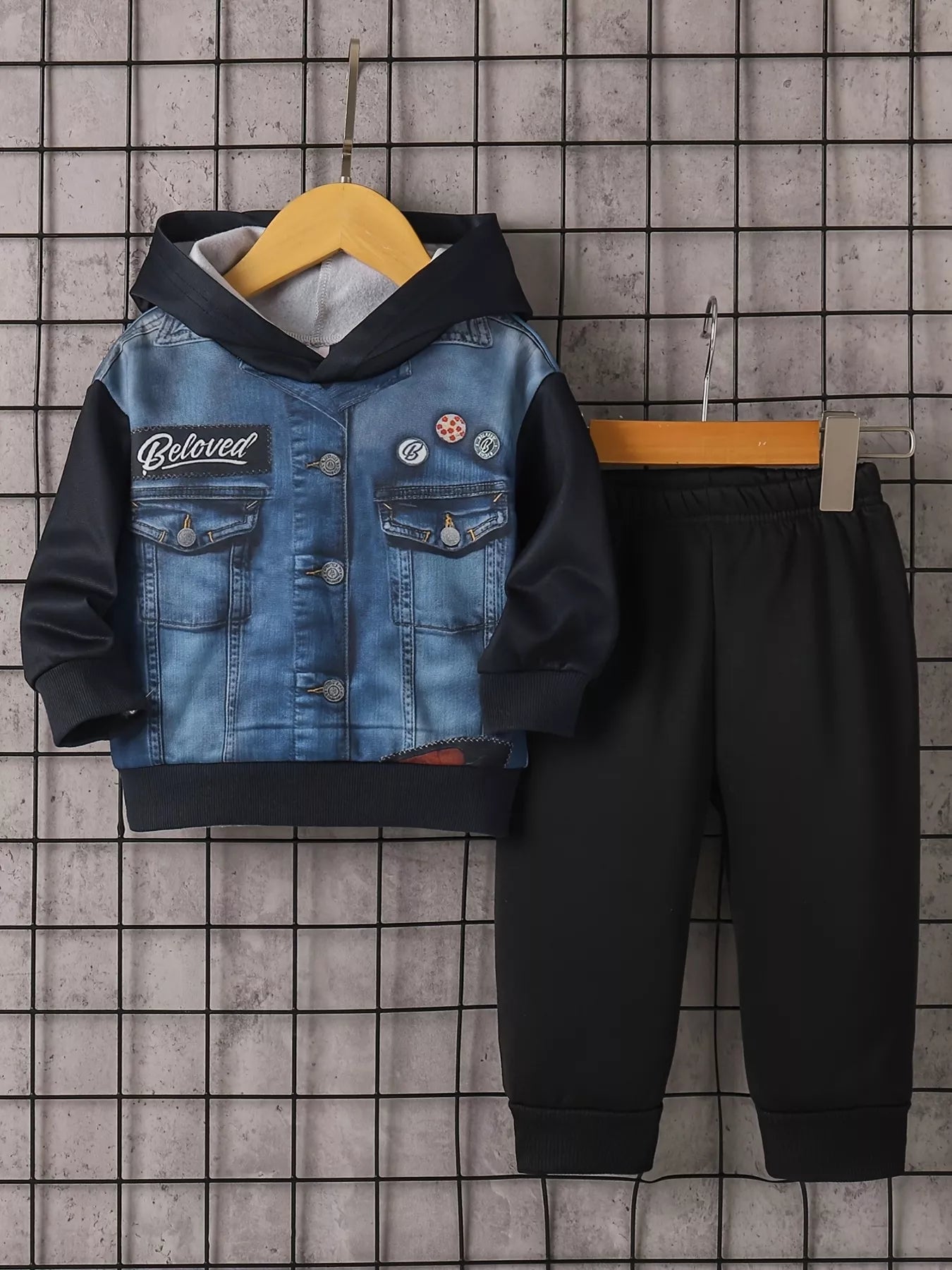 Children's Button Up Hooded Jacket & Pants Set Blue Trendsi