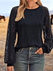 Round Neck Lace Sleeve Blouse Black OutfitFlow