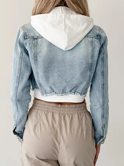 Distressed Zip Up Cropped Hooded Denim Jacket OutfitFlow