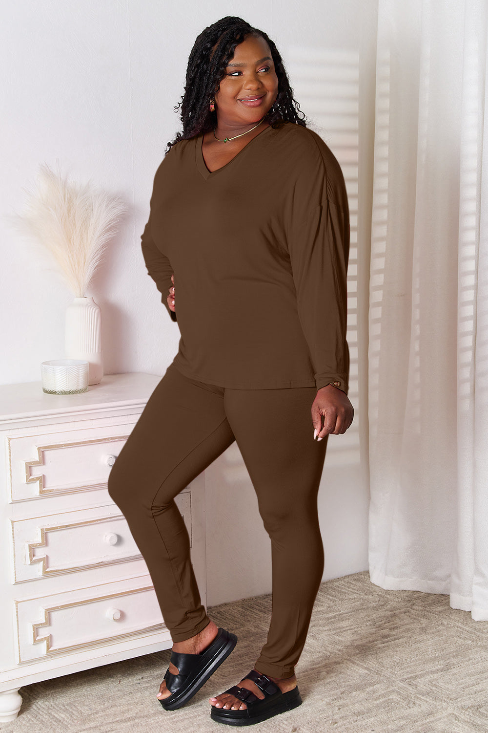 Basic Bae Full Size V-Neck Soft Rayon Long Sleeve Top and Pants Lounge Set Chocolate OutfitFlow