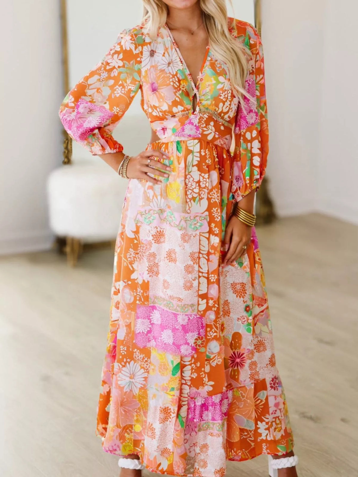 Vibrant Floral Long Sleeve Dress with Lace-Up Back Floral Trendsi