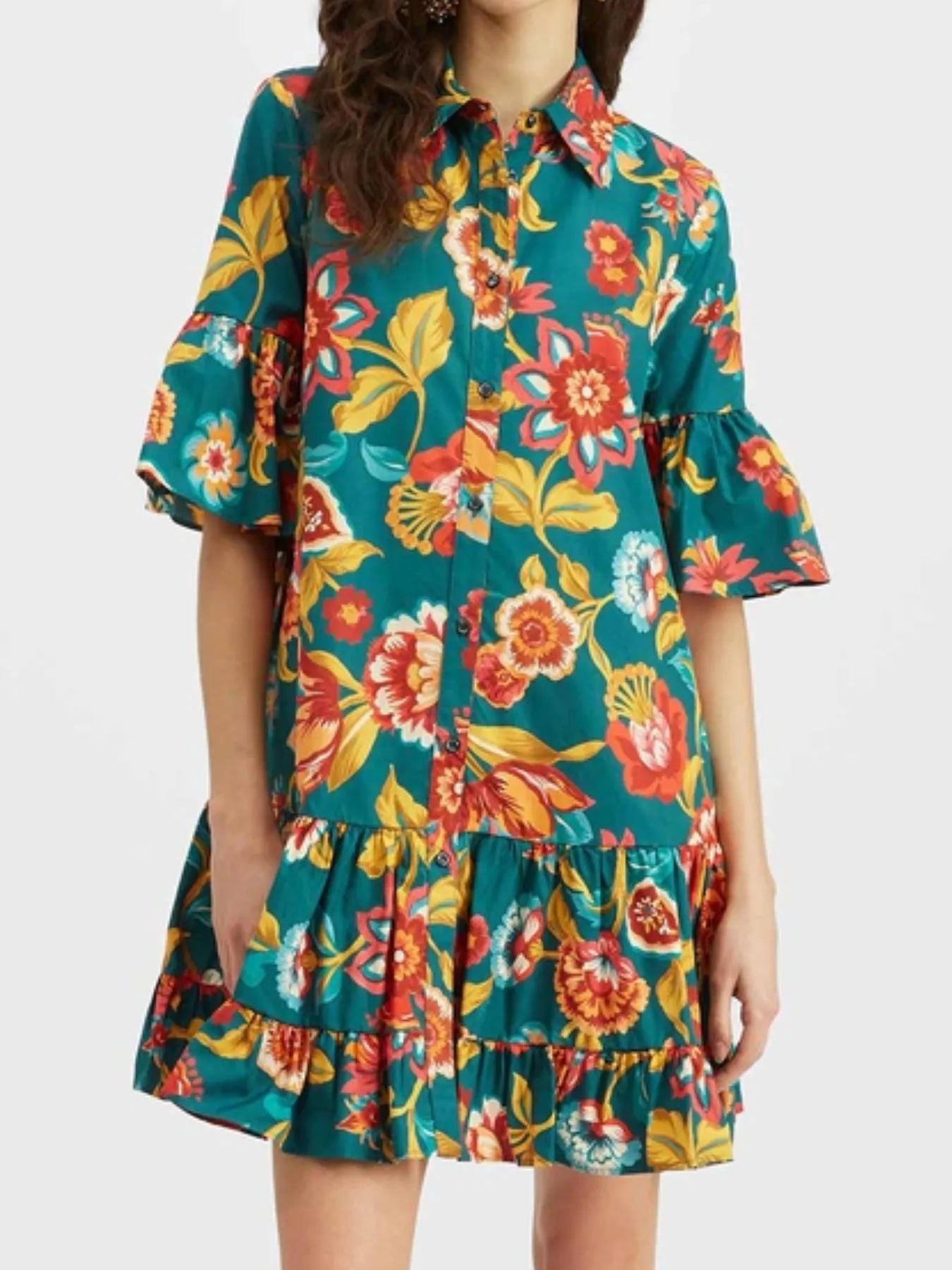 Floral Print Ruffle Sleeve Mini Dress OutfitFlow