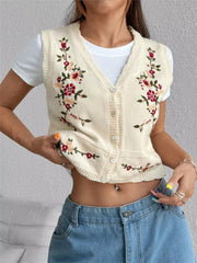 Embroidered Button Up Sweater Vest Beige OutfitFlow