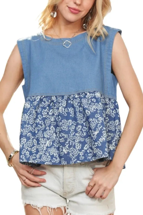 ADORA Sleeveless Denim Contrast Top OutfitFlow