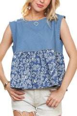 ADORA Sleeveless Denim Contrast Top OutfitFlow
