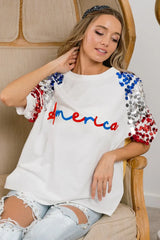 BiBi America Letter Applique Spangle Puff Sleeves Top OutfitFlow