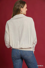 Umgee Linen Long Sleeves Elastic Hem Blouse OutfitFlow