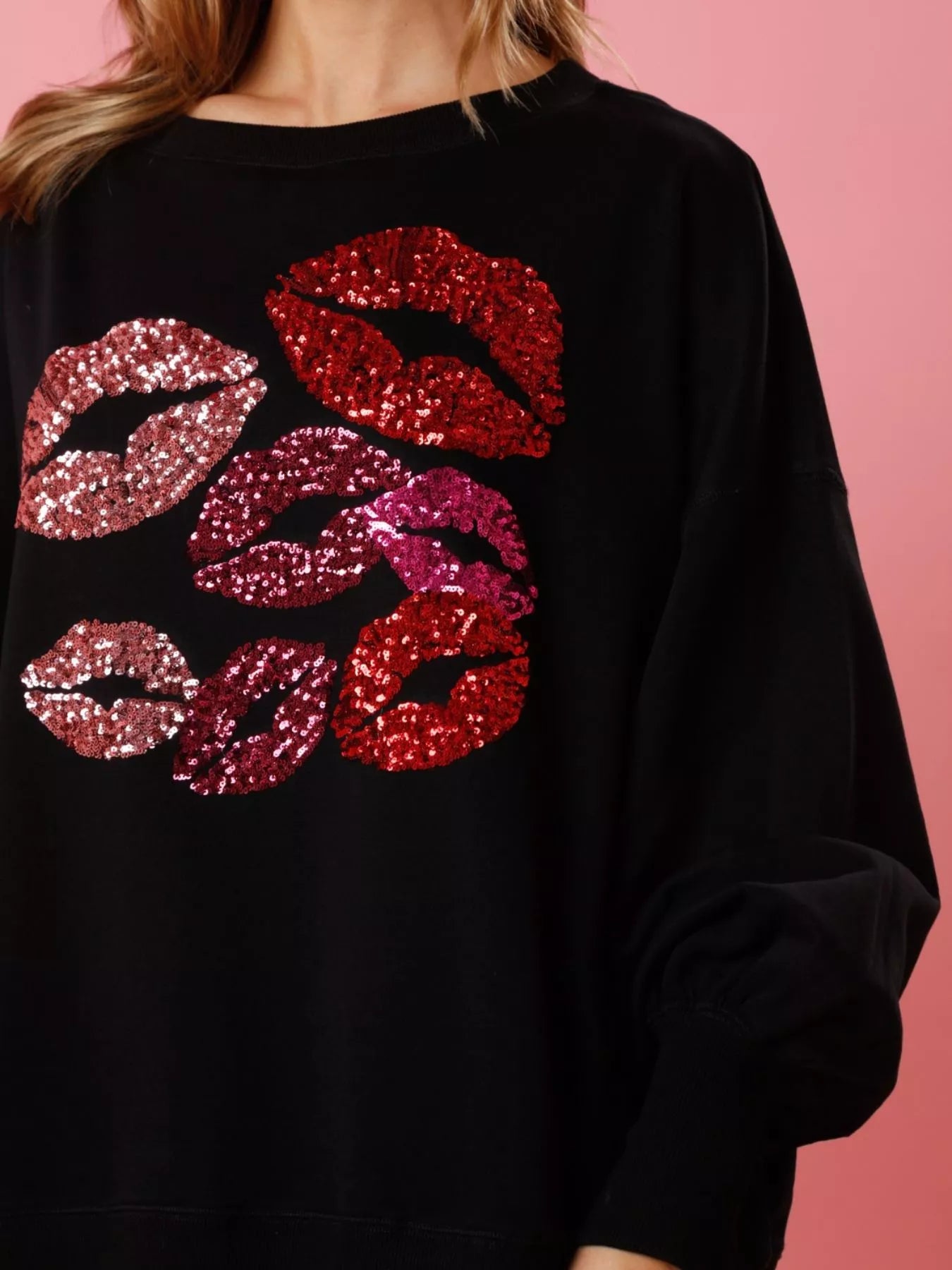 Lips Round Neck Dropped Shoulder Sweatshirt OutfitFlow