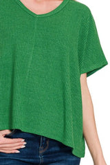 Zenana Ribbed V-Neck Short-Sleeve Knit Top OutfitFlow