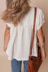 Textured Short Sleeve Buttons Frayed Blouse OutfitFlow