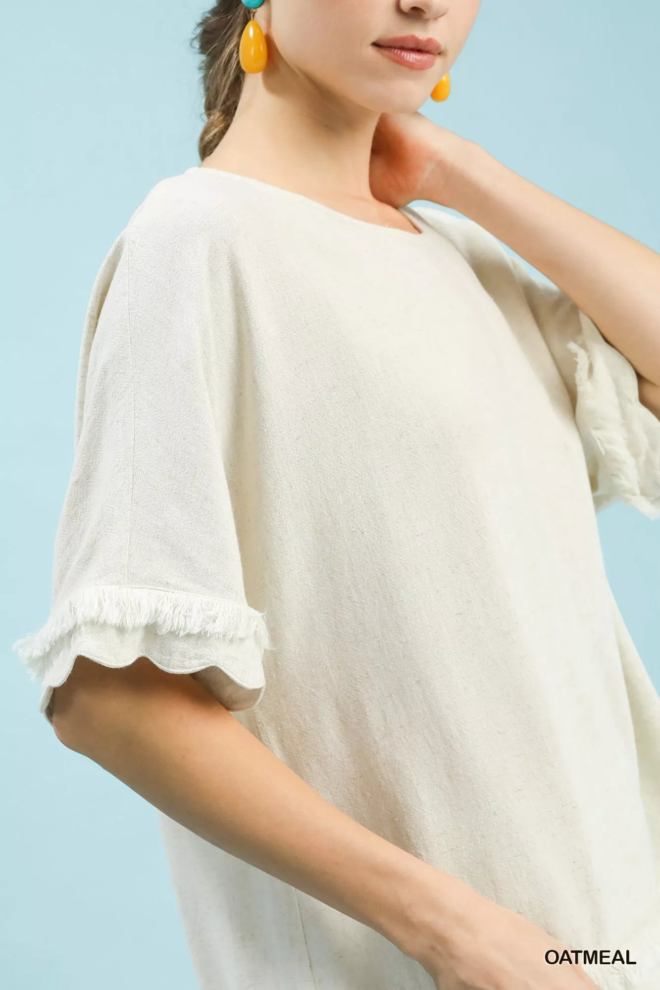 Umgee Linen Frayed Hem Scallop Edge Top Trendsi