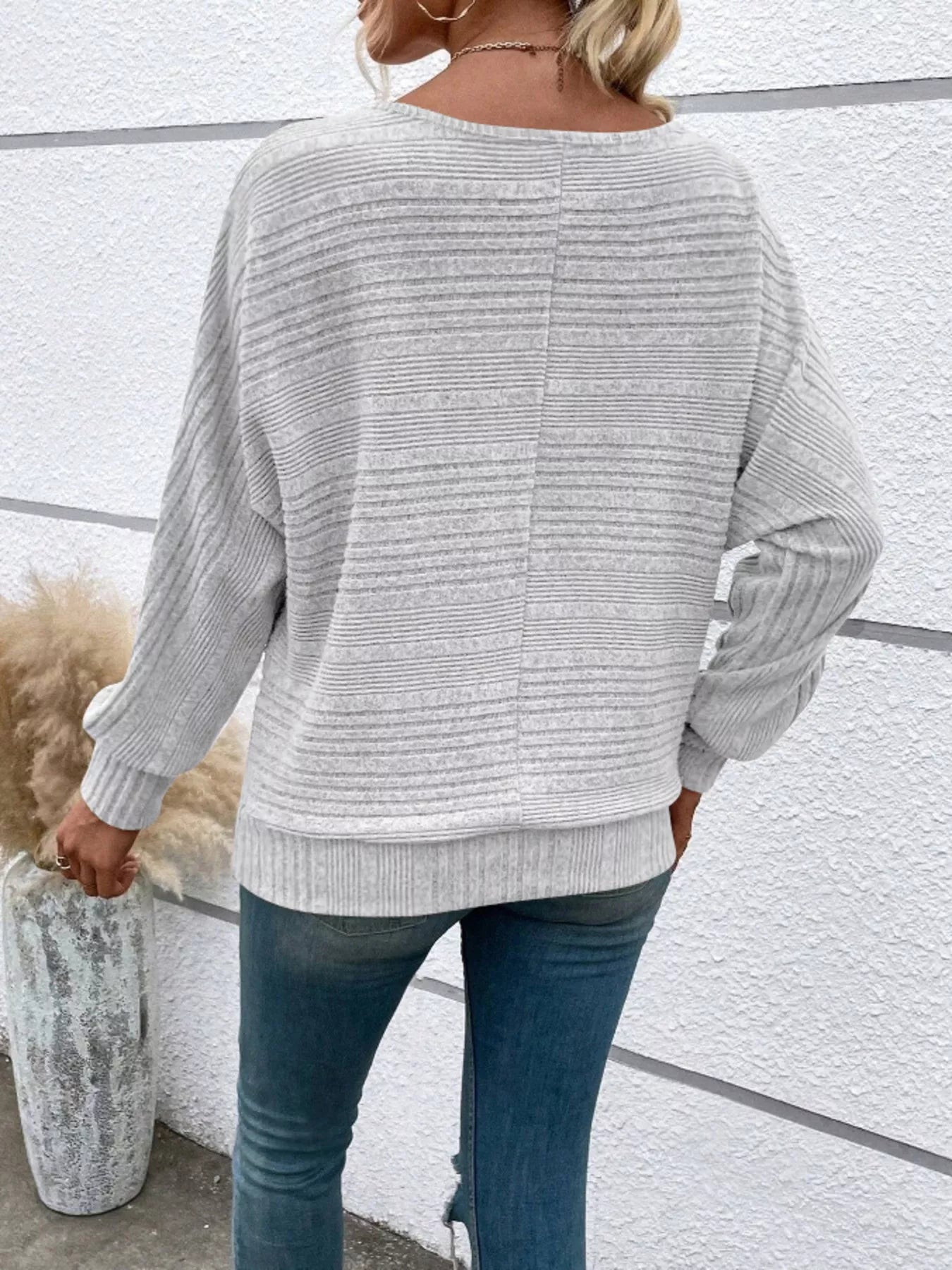 Ribbed Round Neck Long Sleeve Top OutfitFlow