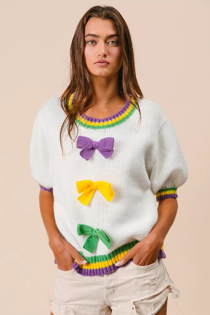 BiBi Short Puff Sleeve Ribbon Bow Mardi Gras Sweater OutfitFlow