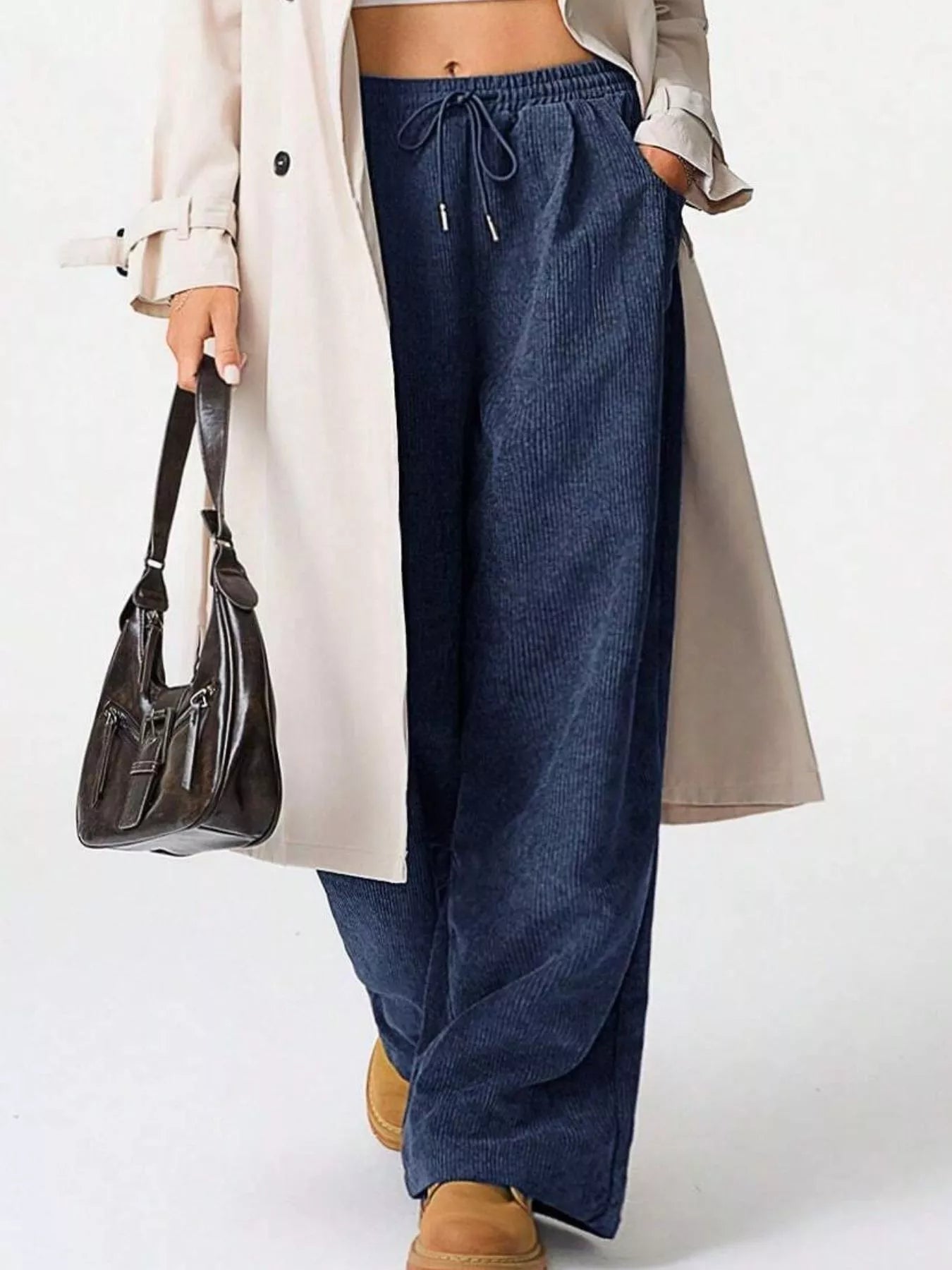 Wide Leg Corduroy Drawstring Pants Blue OutfitFlow