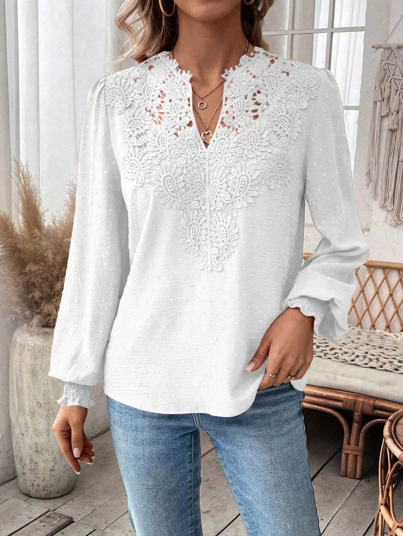 Swiss Dot Lace Detail Long Sleeve Blouse OutfitFlow