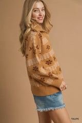 Umgee Floral Patterned Jacquard Quarter-Zip Pullover Sweater Trendsi