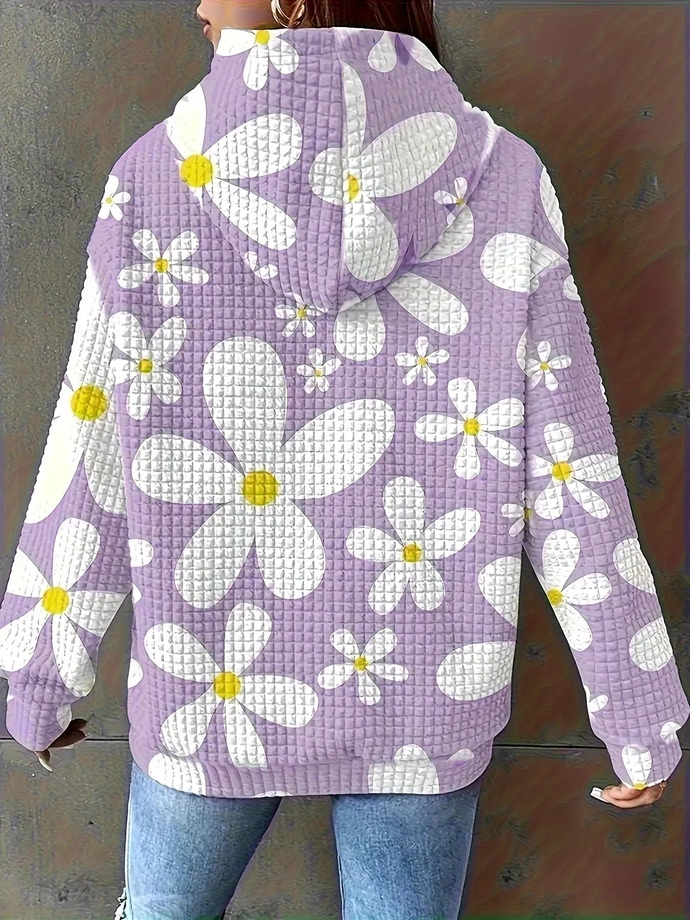 Floral Print Textured Drawstring Hoodie OutfitFlow