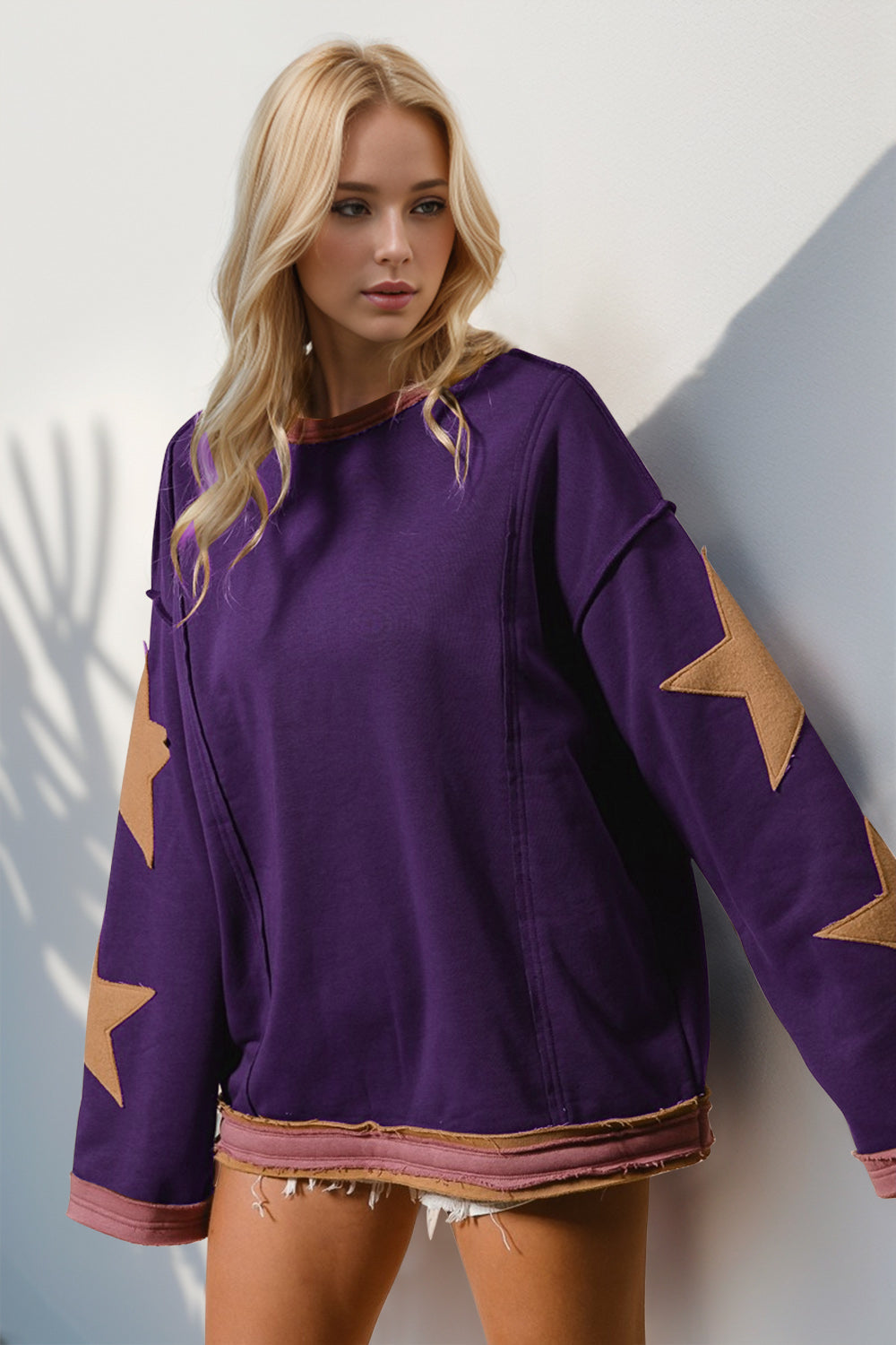 Double Take Star Patched Long Sleeve Sweatshirt Purple OutfitFlow