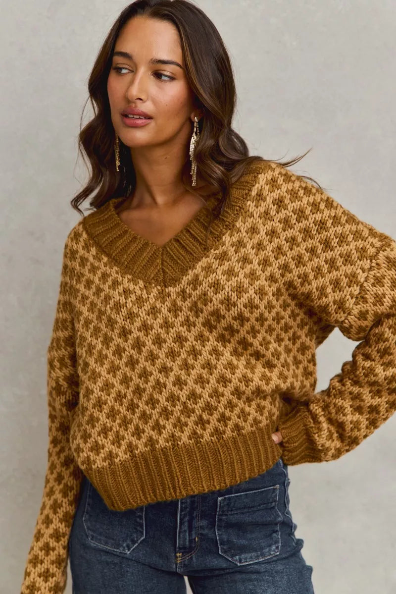 SO ME Color Block Textured Christmas Sweater V Neck Top OutfitFlow