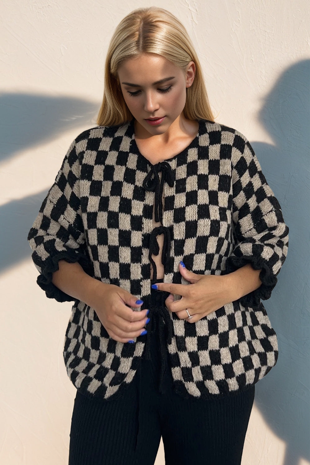 Double Take Tied Checkered Dropped Shoulder Flounce Sleeve Cardigan Black OutfitFlow