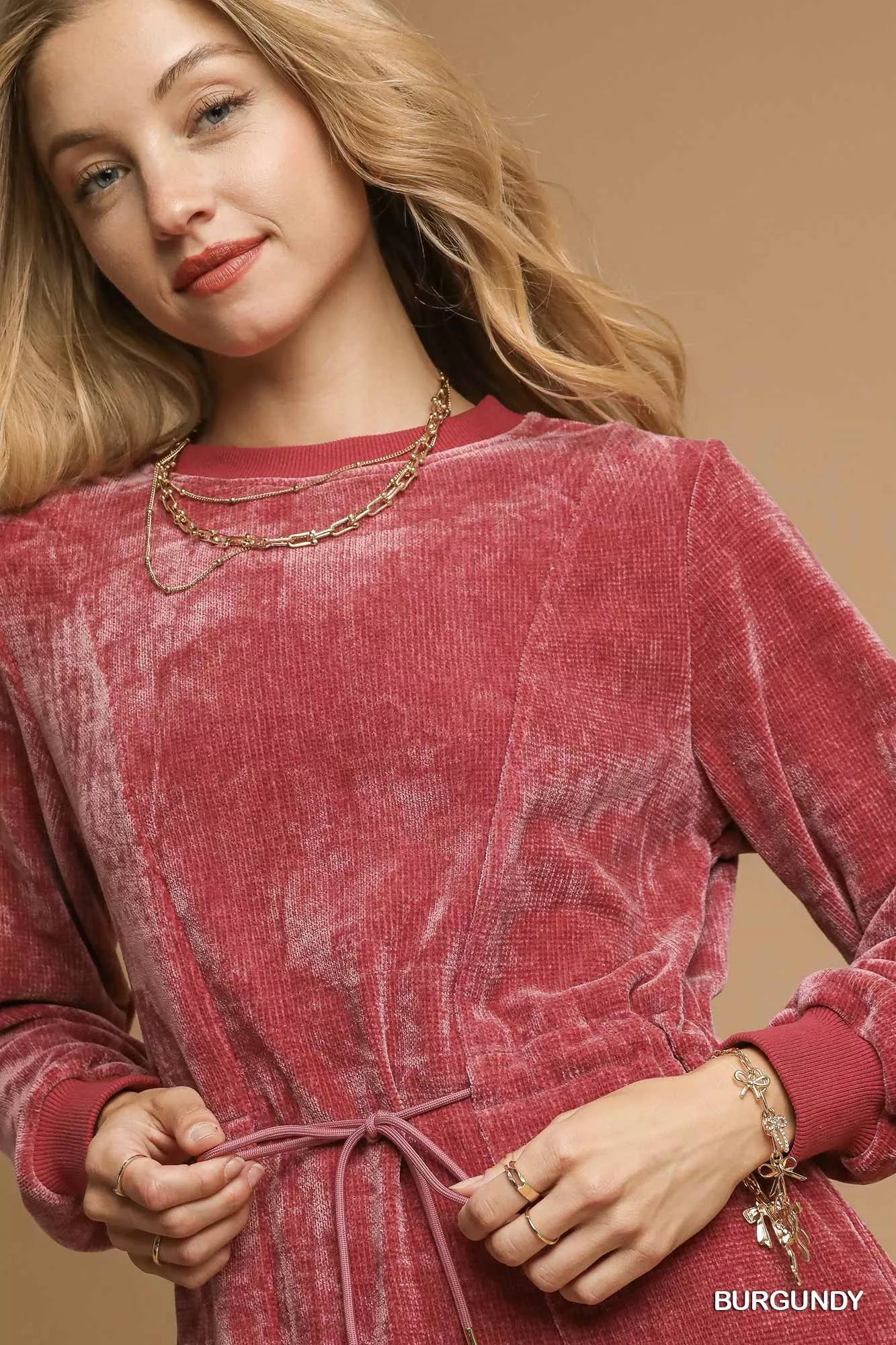 Umgee Velour Drawstring Mini Dress with Long Sleeves OutfitFlow