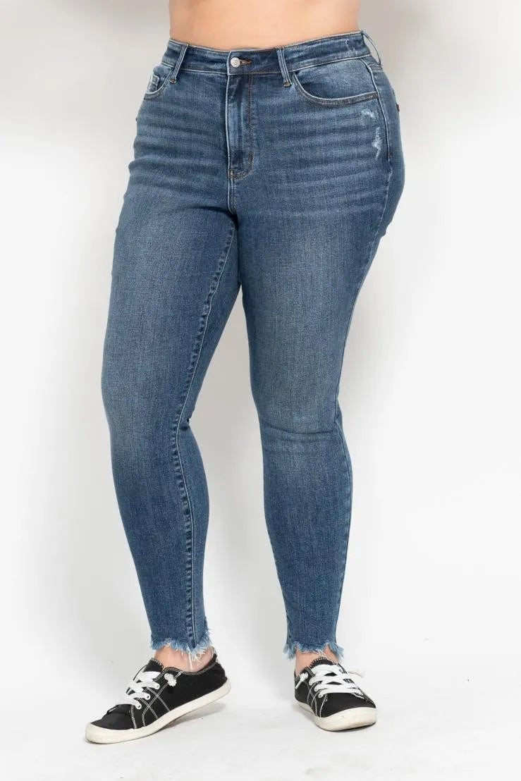 Judy Blue Plus Size High Waist Skinny with Destroy & Shark Bit Hem OutfitFlow