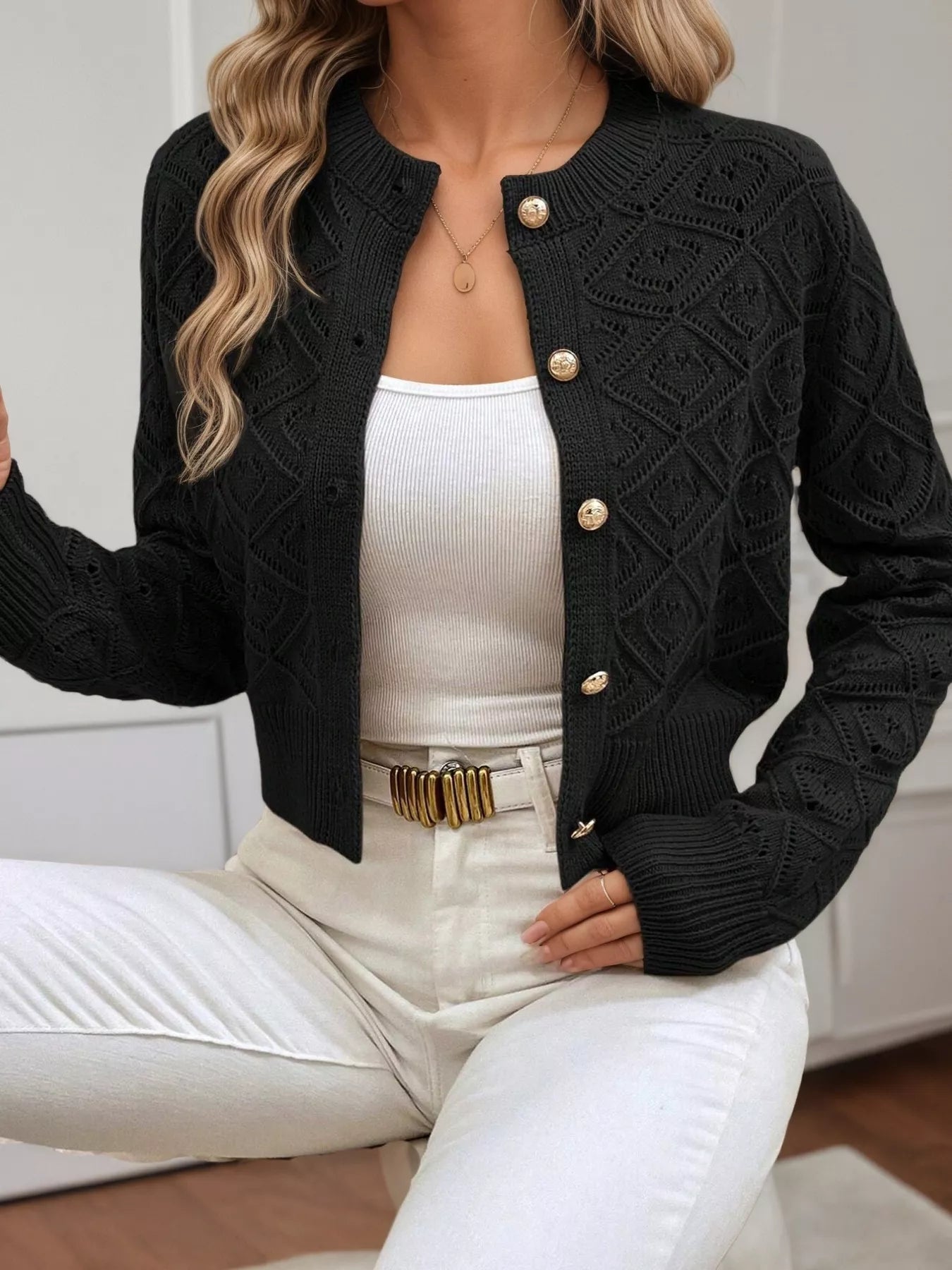 Openwork Button Up Long Sleeve Cardigan OutfitFlow