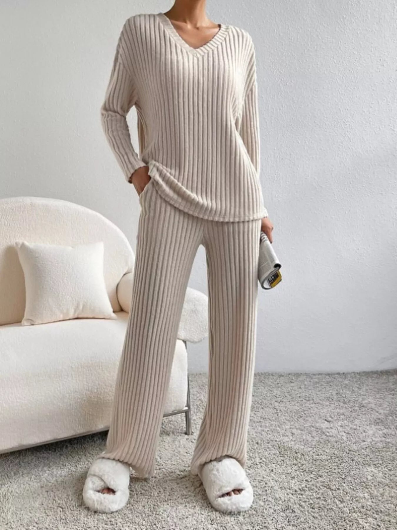 Ribbed Knit V-Neck Top and Pants Set OutfitFlow