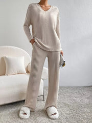 Ribbed Knit V-Neck Top and Pants Set OutfitFlow