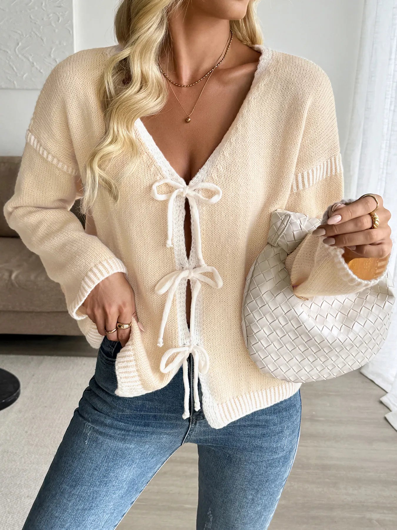 Tie-Front Long Sleeve Cardigan OutfitFlow