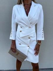Double-Breasted Lapel Collar Longline Blazer White OutfitFlow