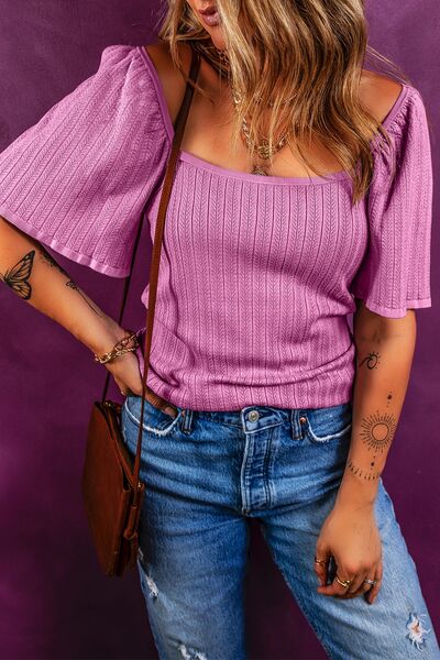 Textured Square Neck Half Sleeve Top Red-Violet OutfitFlow