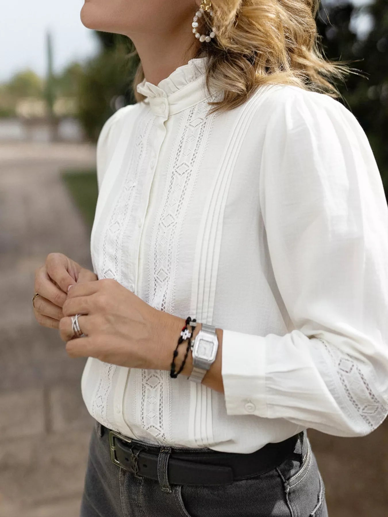 Lace Trim Long Sleeve Shirt OutfitFlow