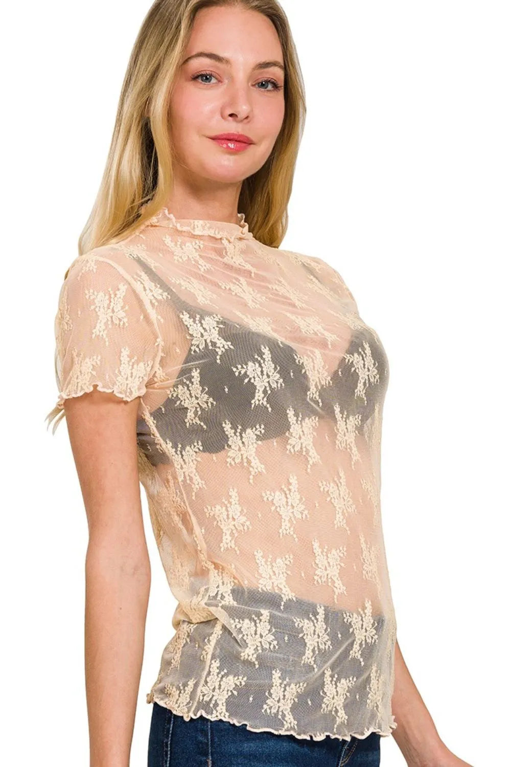 Zenana Lace See-through Layering Short Sleeve Top OutfitFlow