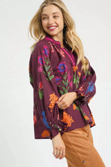 Umgee Floral Print Flounce Sleeve Blouse OutfitFlow