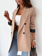 Lapel Collar Long Sleeve Blazer Khaki OutfitFlow