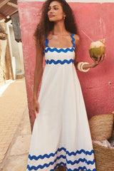 Contrast Trim Square Neck Wide Strap Dress White OutfitFlow
