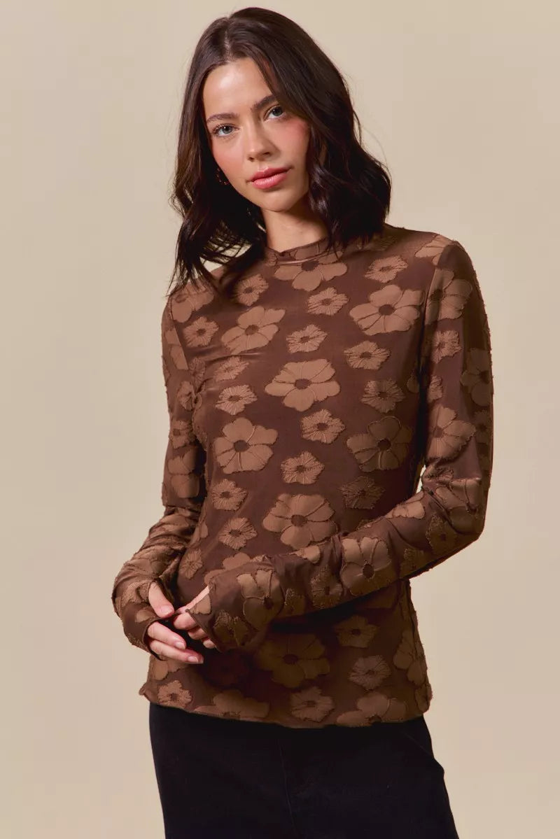 SO ME Stretched Jacquard Casual Tops with Thumb Opening BROWN OutfitFlow