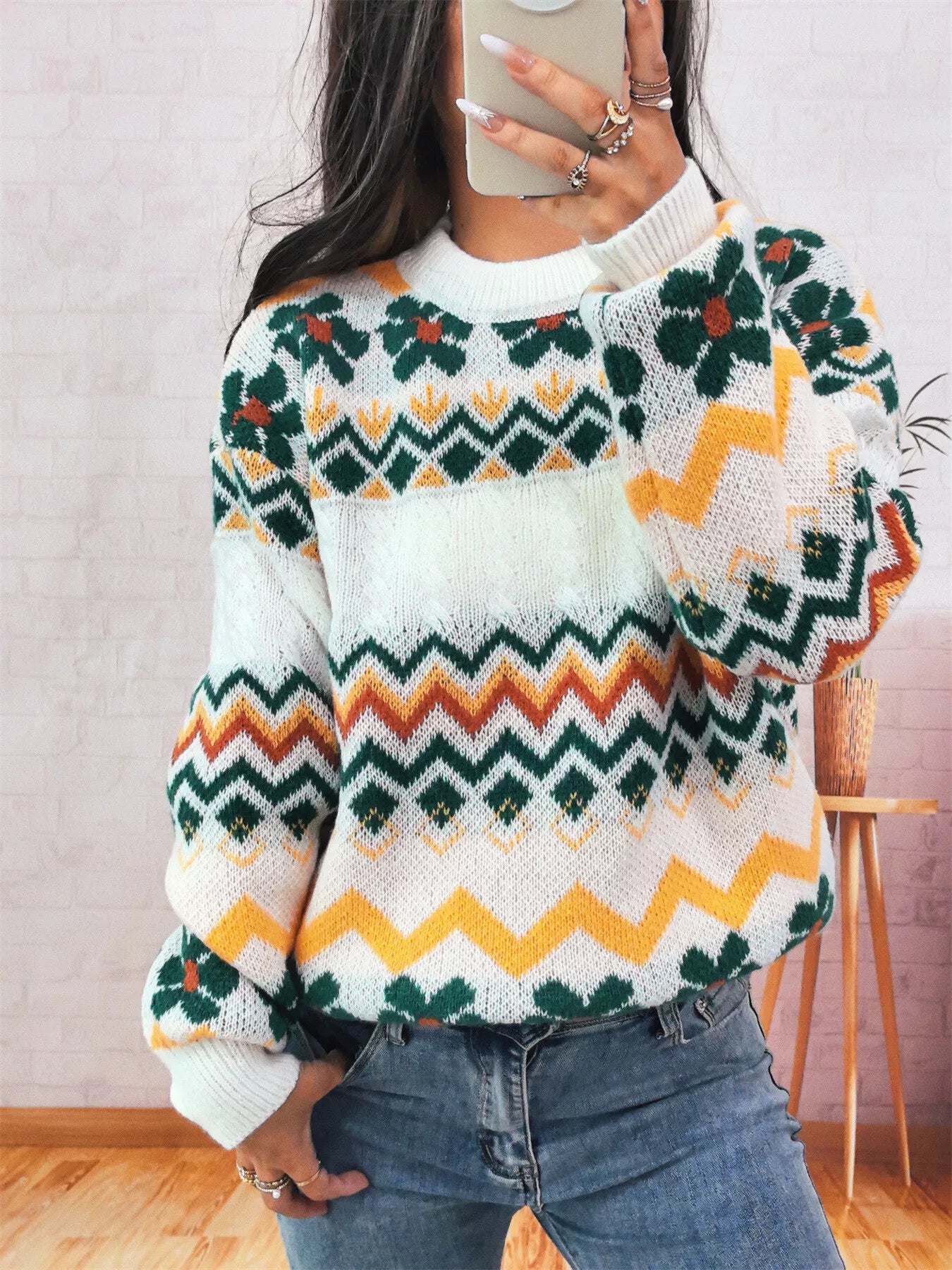 Geometric Round Neck Long Sleeve Sweater OutfitFlow