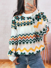 Geometric Round Neck Long Sleeve Sweater OutfitFlow