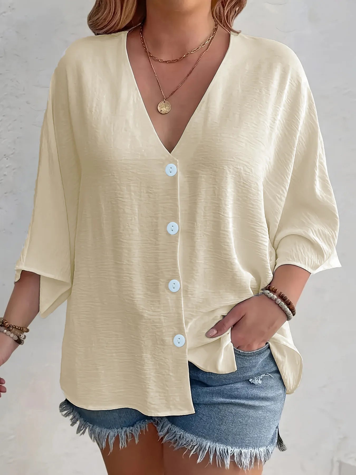 Full Size Casual V-Neck Button Down Relaxed Fit Blouse Plus Size Cream OutfitFlow