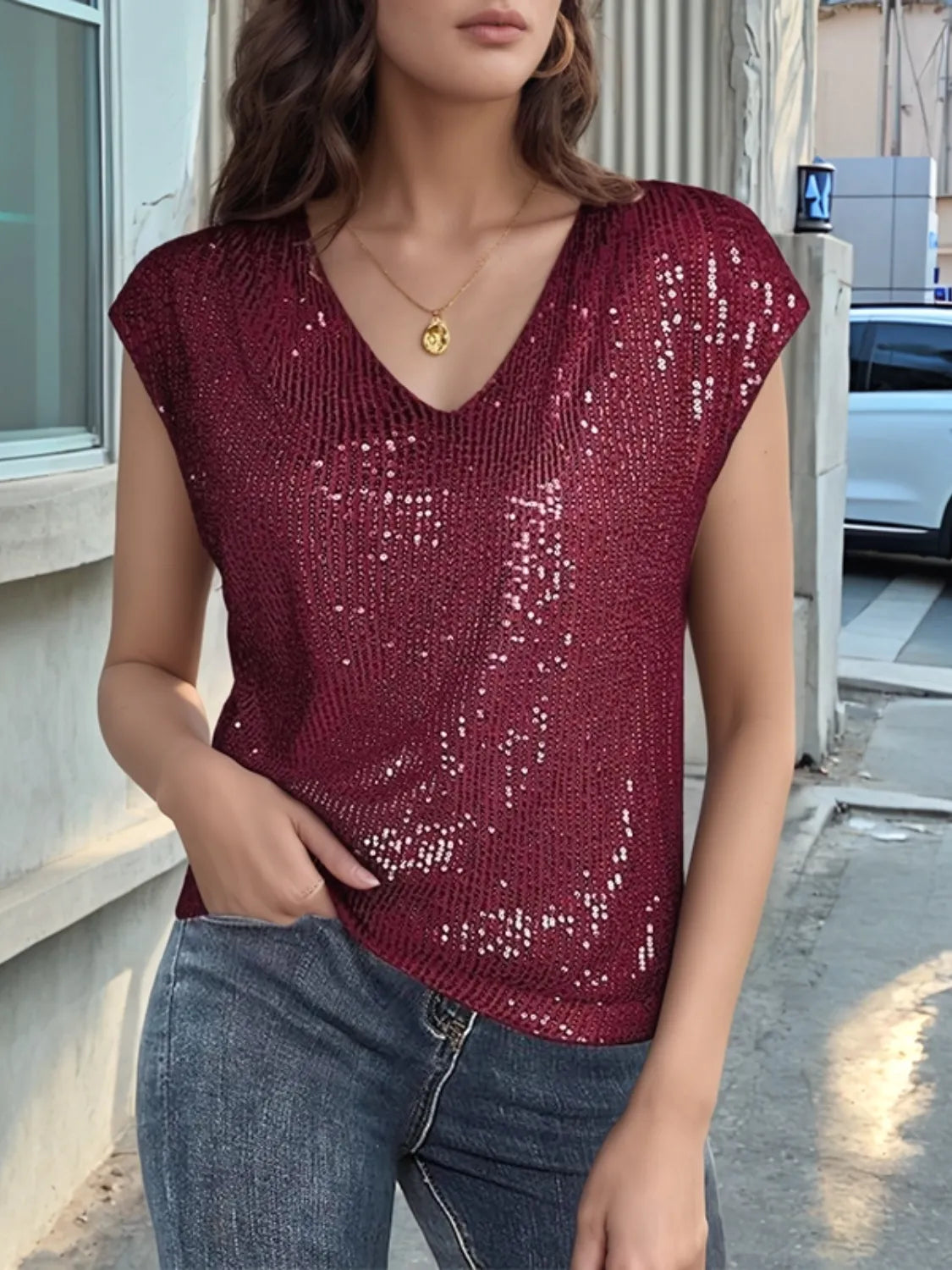 V-Neck Sequin Cap Sleeve Top Wine Red OutfitFlow