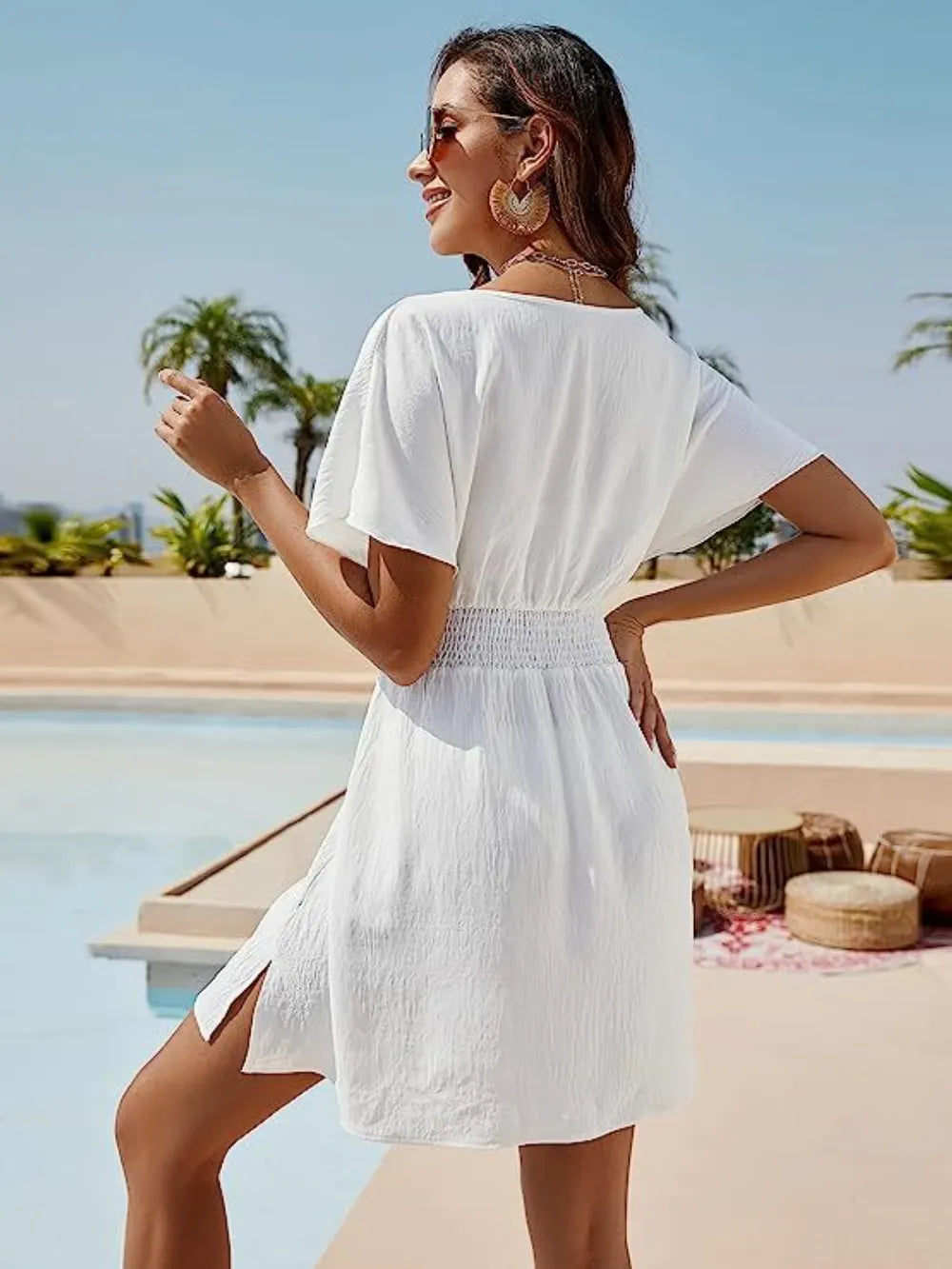 Smocked V-Neck Short Sleeve Dress OutfitFlow