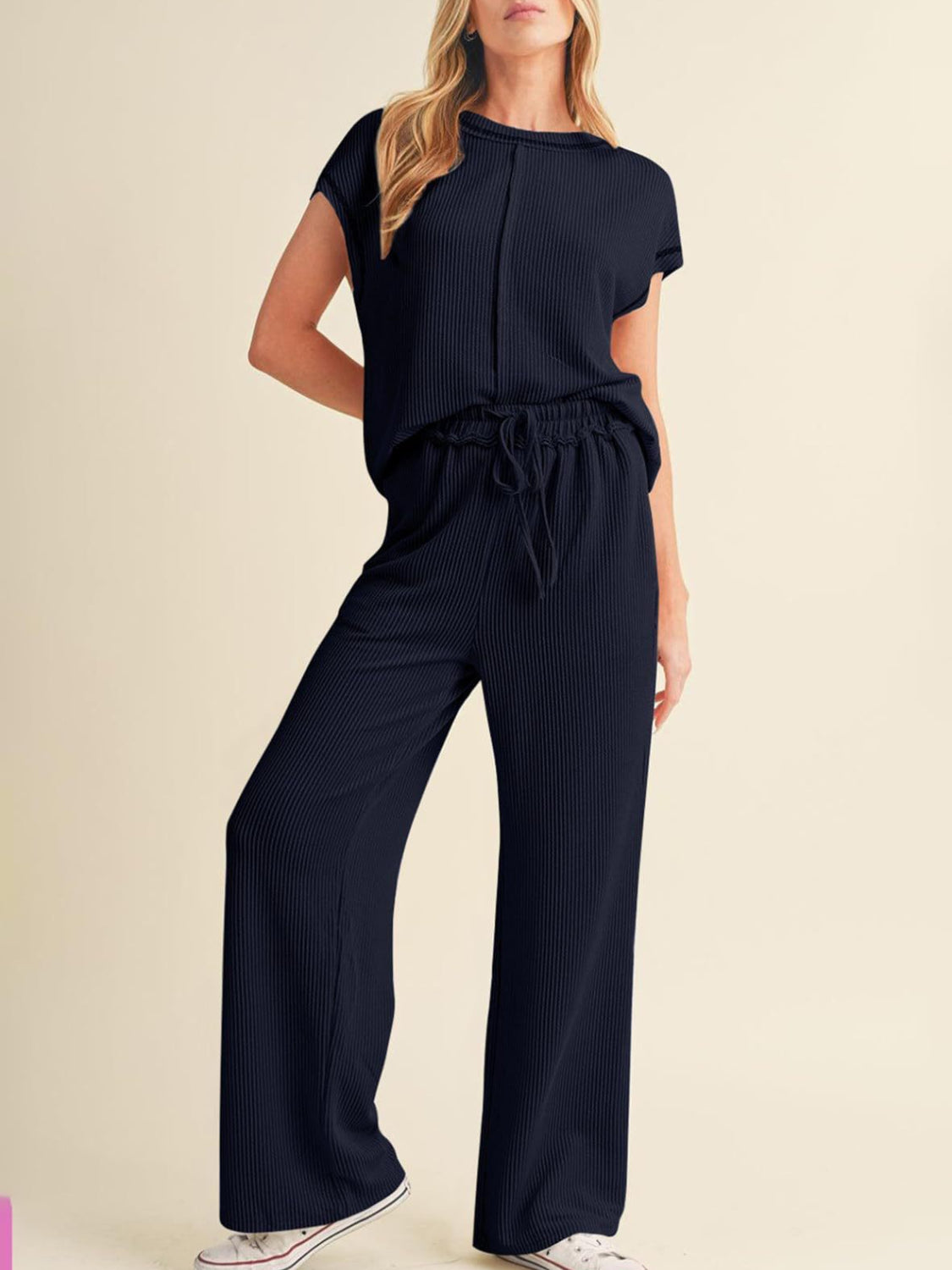 Ribbed Exposed Seam Top and Pants Set Dark Navy OutfitFlow
