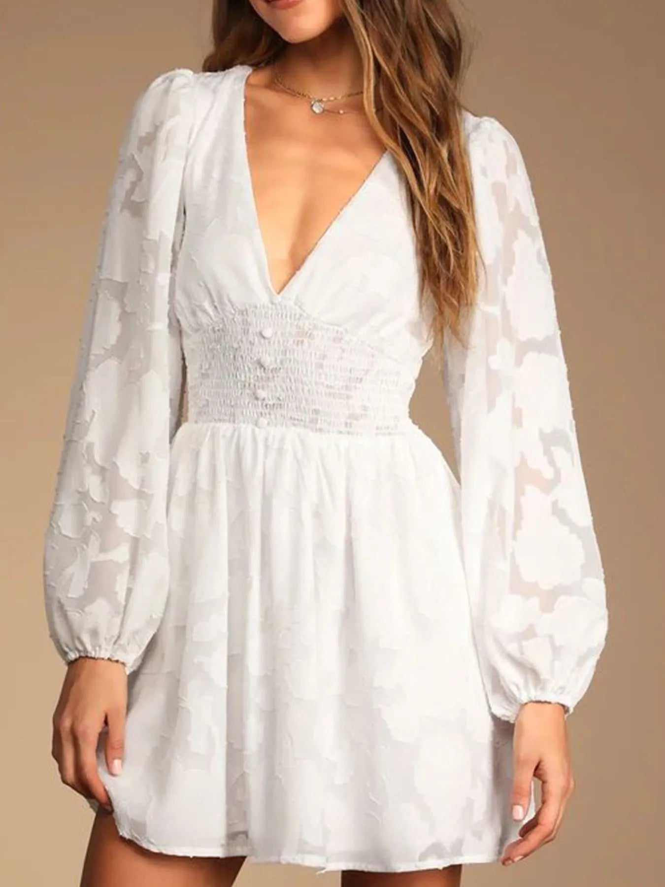 Smocked V-Neck Balloon Sleeve Dress White OutfitFlow