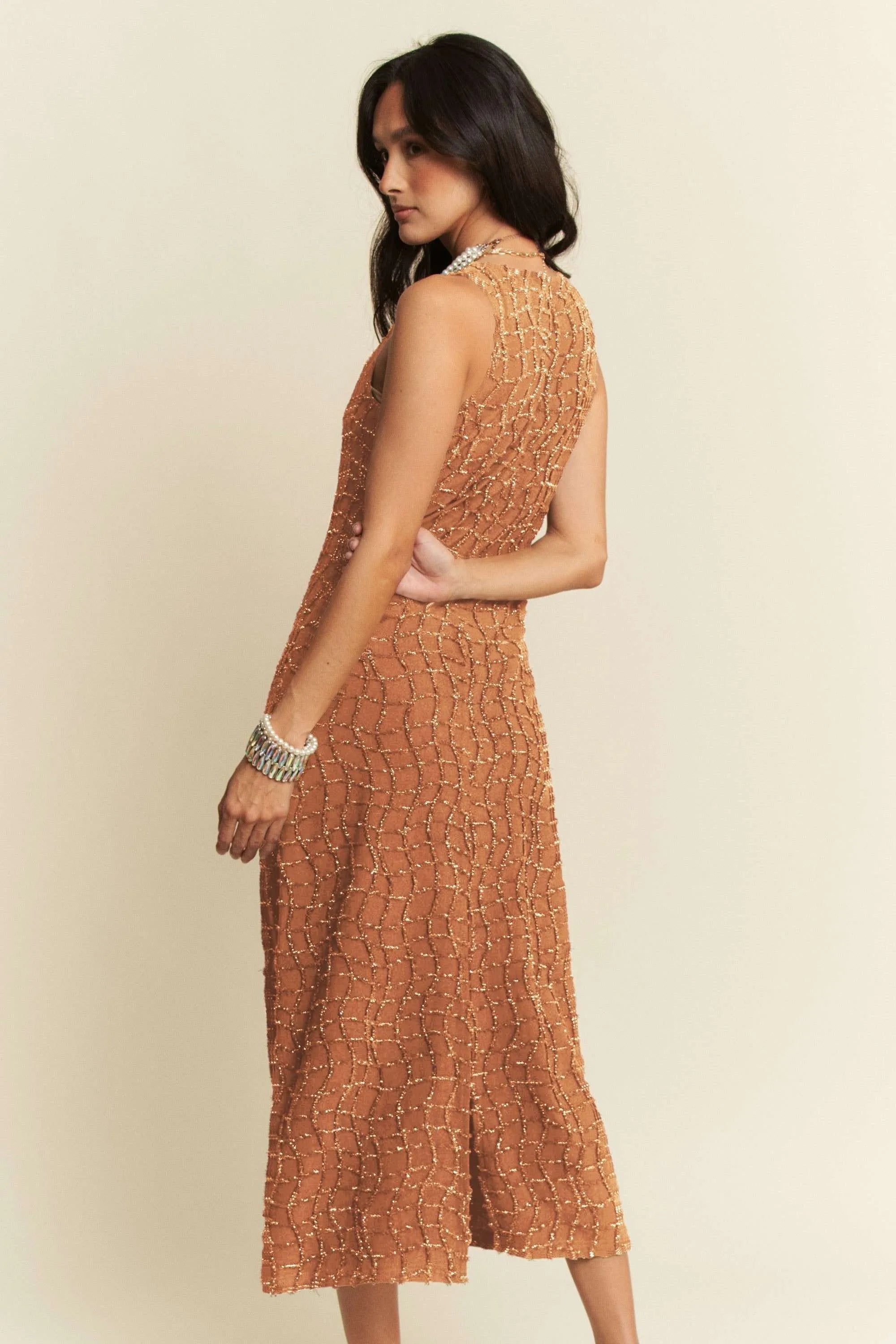 Davi & Dani Golden Textured Zippered Midi Dress OutfitFlow