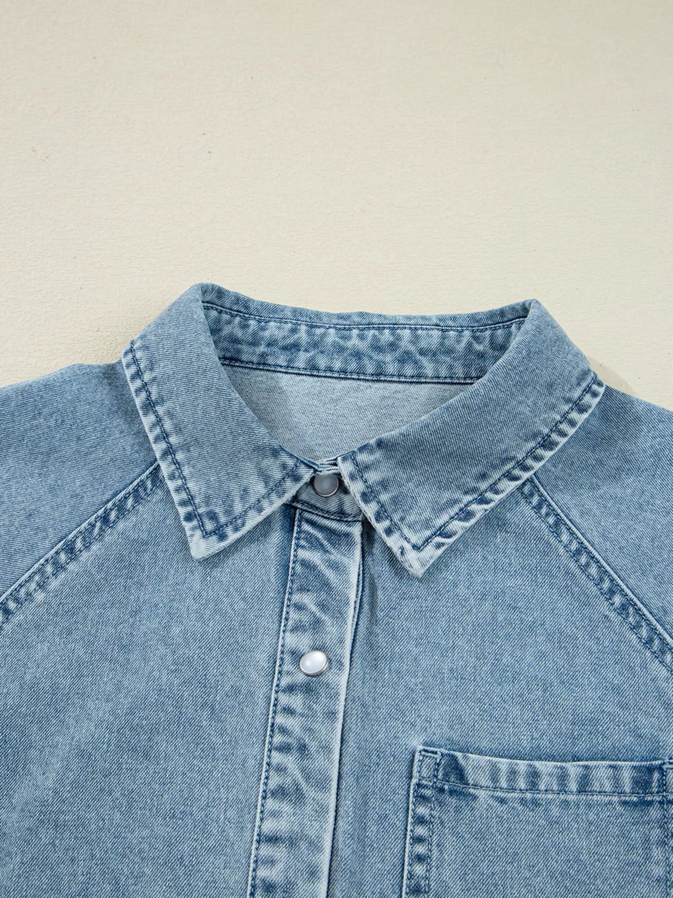 Smocked Cuffs Flared Denim Shirt Mini Dress Trendsi